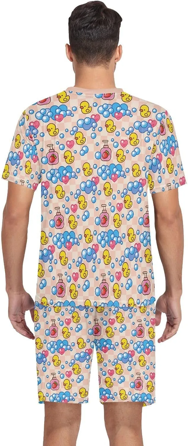 Mens Pajamas Set Summer Yellow Rubber Duck Short Sleeve Soft Lounge With Pockets