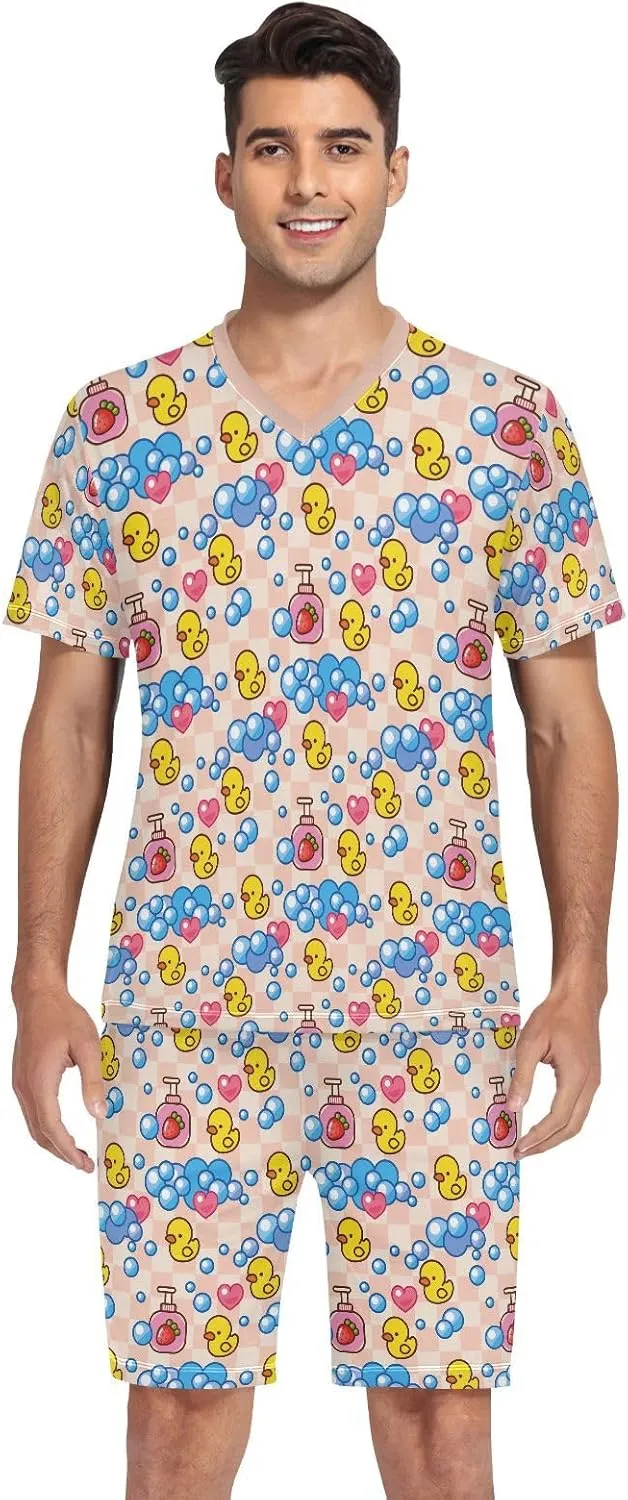 Mens Pajamas Set Summer Yellow Rubber Duck Short Sleeve Soft Lounge With Pockets