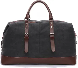 Men's portable fitness bag, canvas cowhide, large capacity waterproof travel bag (black)