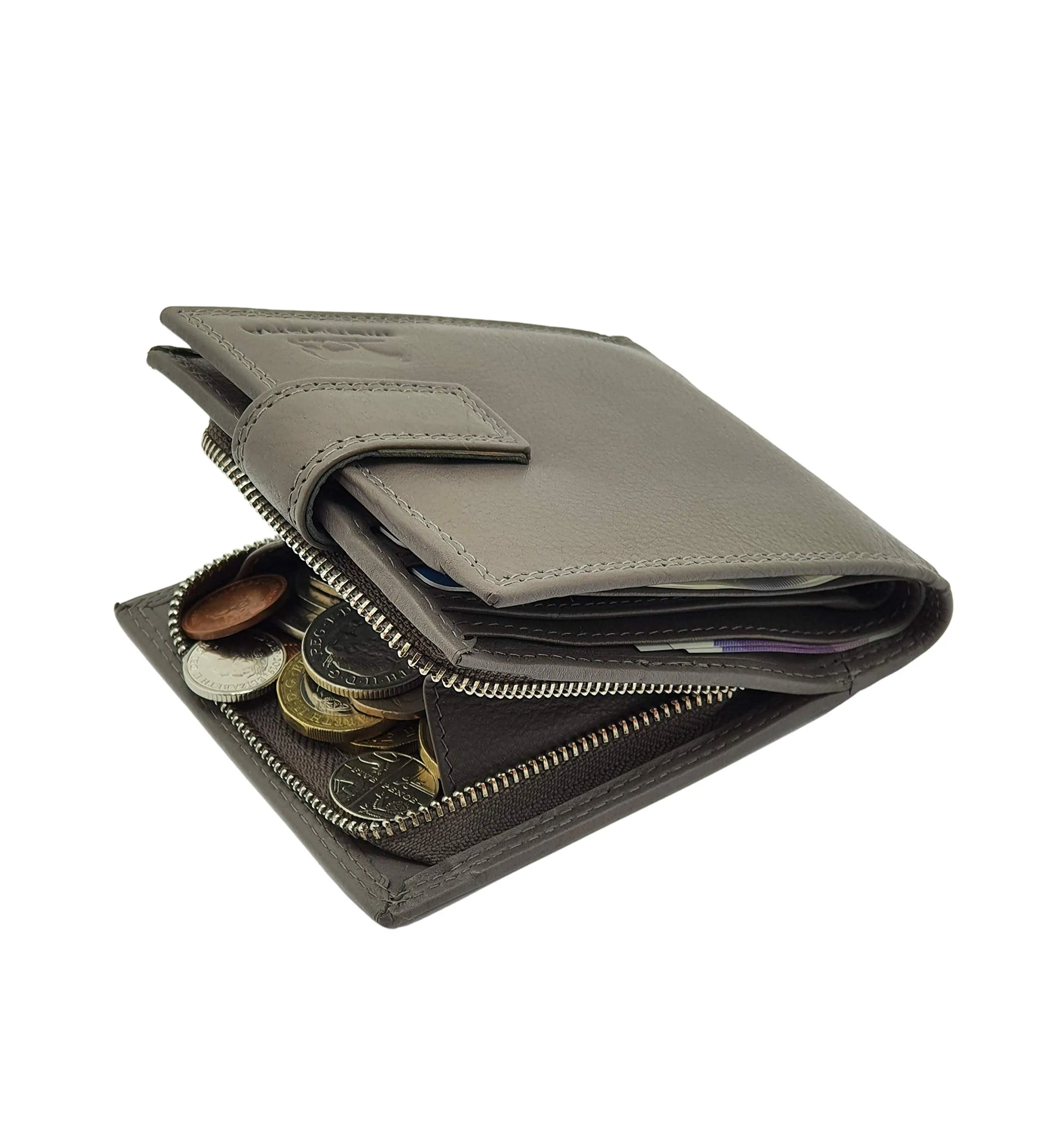 Mens RFID Blocking Leather Passcase Wallet With A Large Zip Around Coin Pocket M70 (GREY)