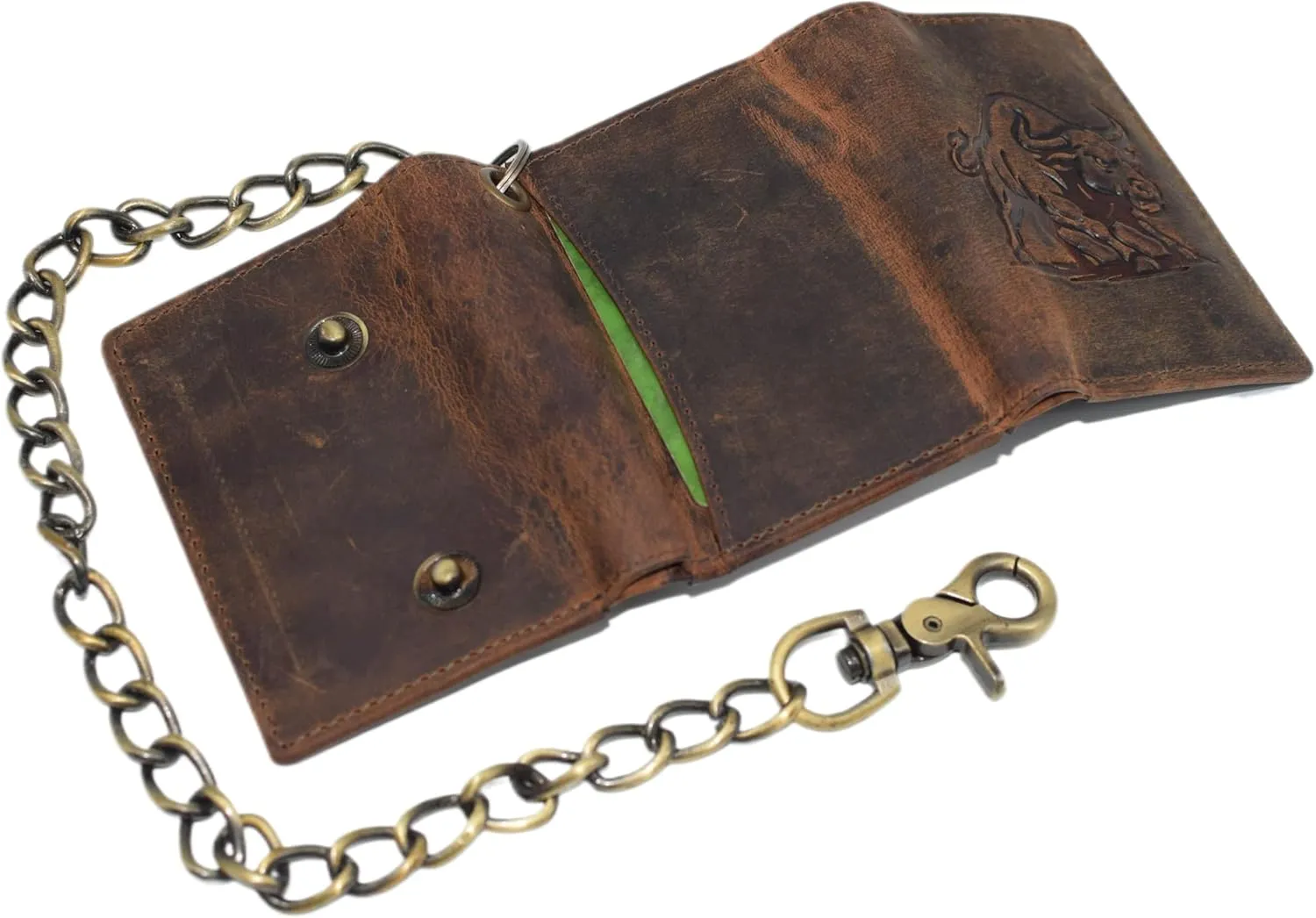 Men's RFID Blocking Trifold Vintage Leather Biker Chain Wallet With Snap Closure