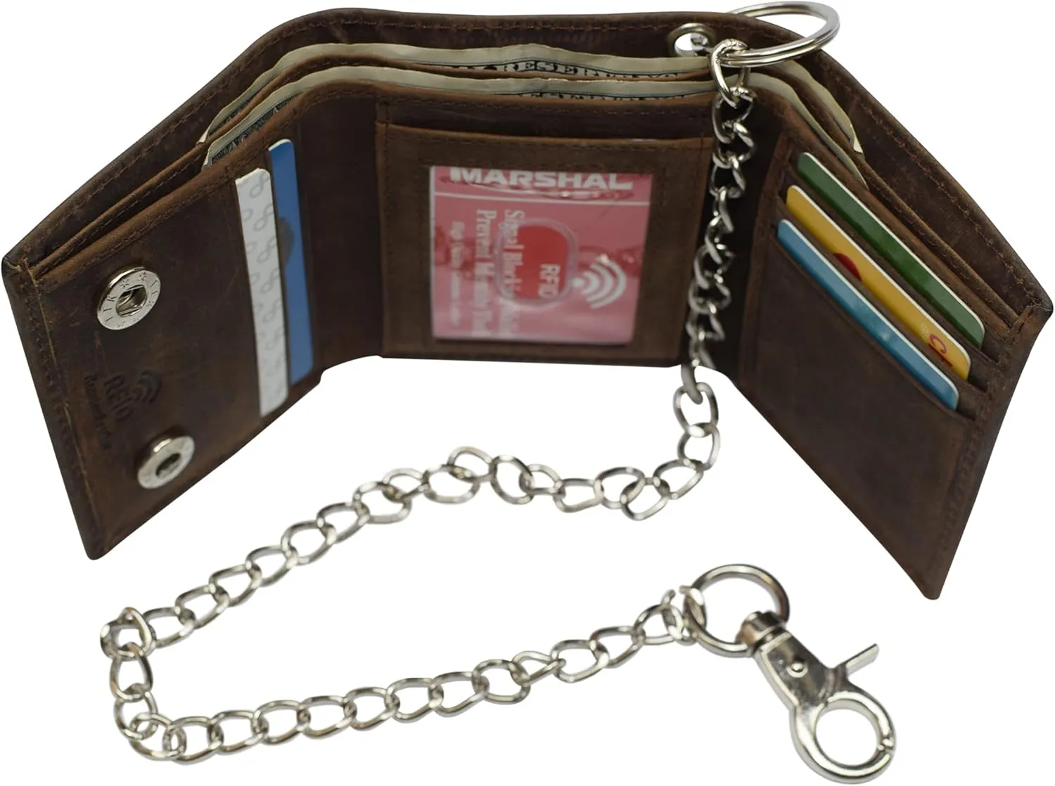 Men's RFID Blocking Trifold Vintage Leather Biker Chain Wallet With Snap Closure