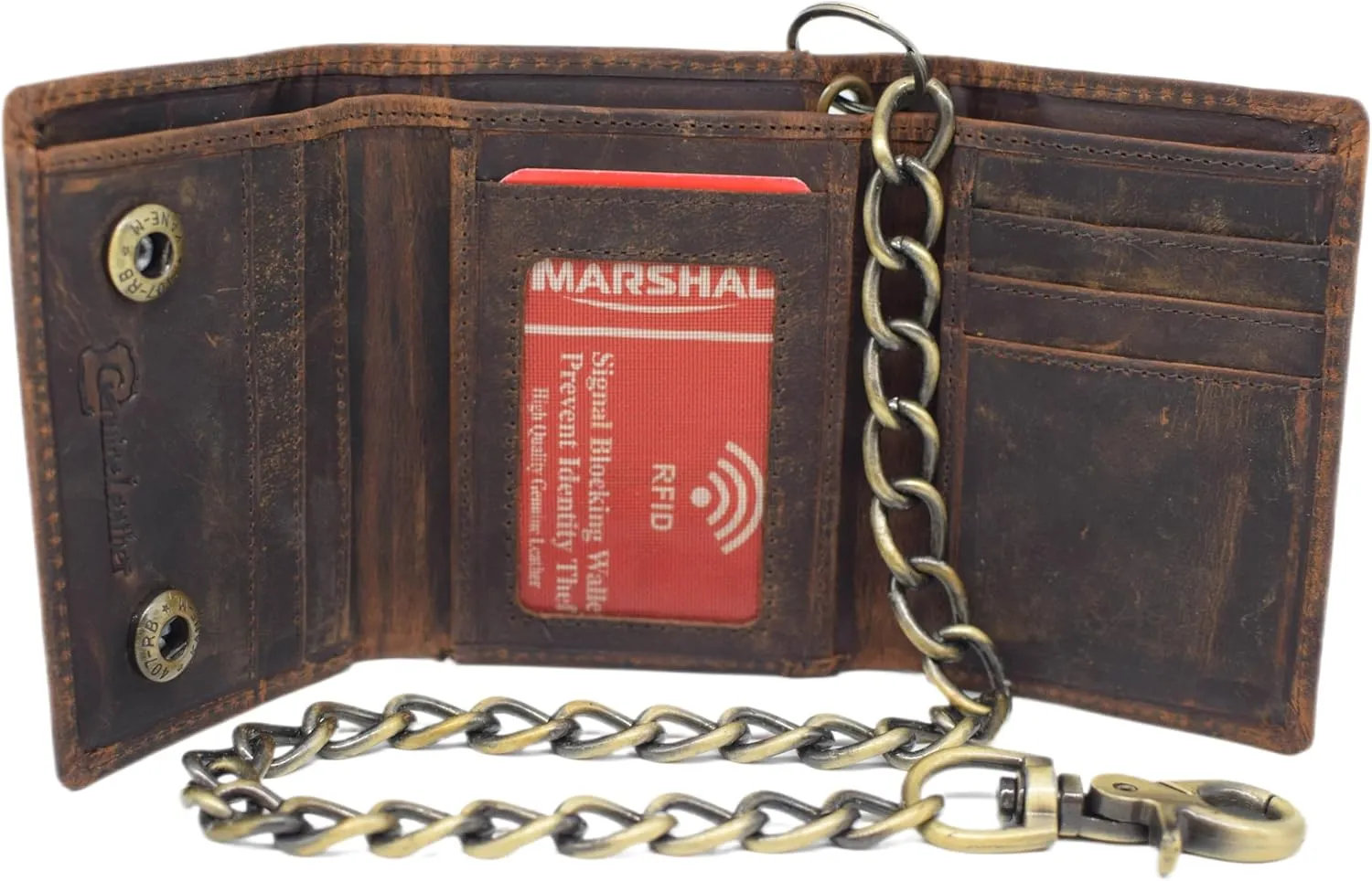 Men's RFID Blocking Trifold Vintage Leather Biker Chain Wallet With Snap Closure