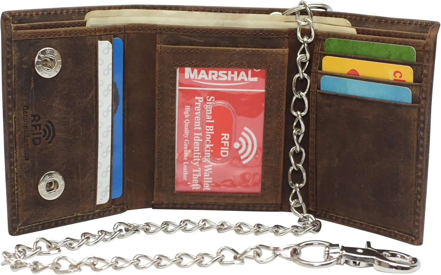Men's RFID Blocking Trifold Vintage Leather Biker Chain Wallet With Snap Closure