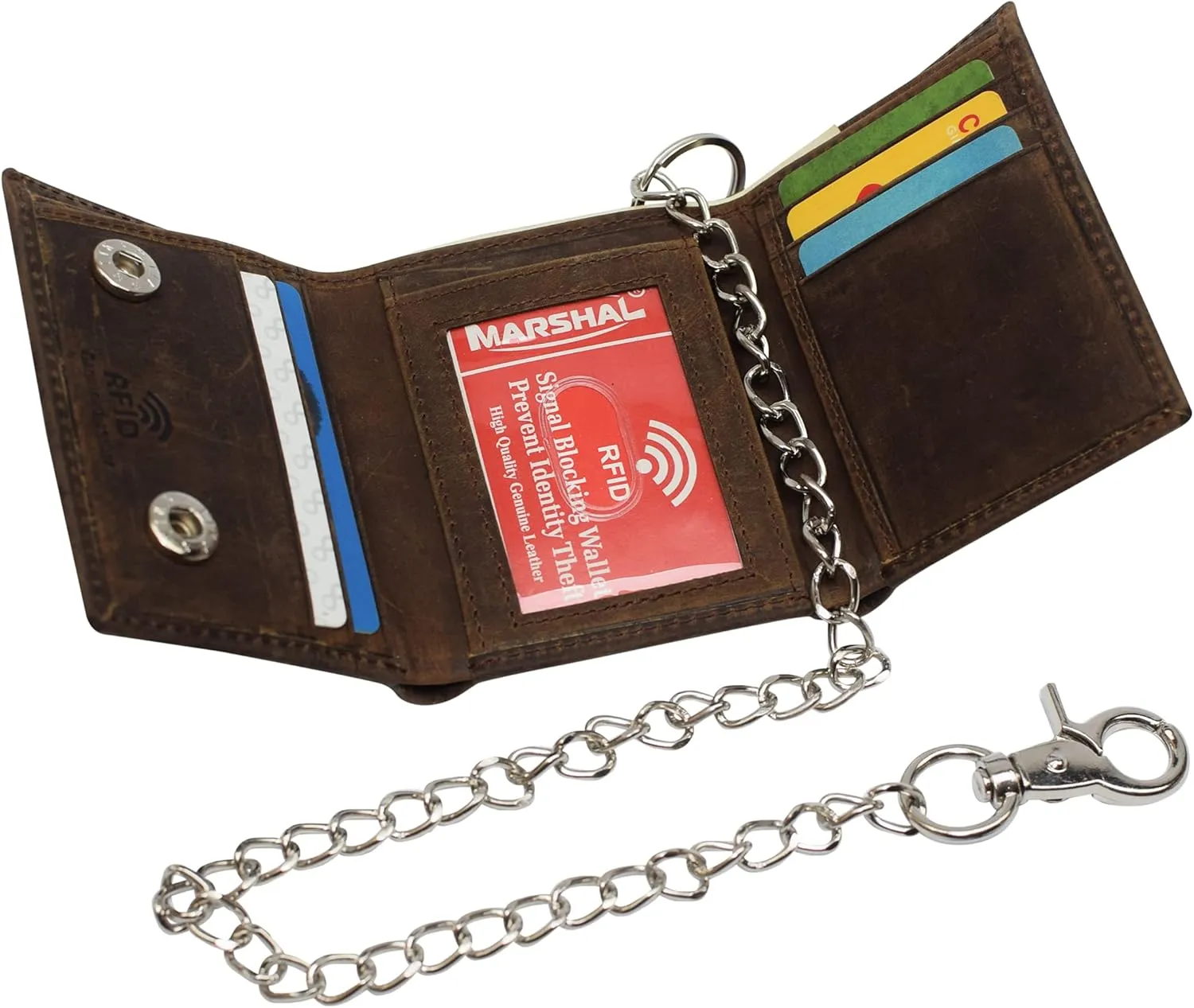 Men's RFID Blocking Trifold Vintage Leather Biker Chain Wallet With Snap Closure