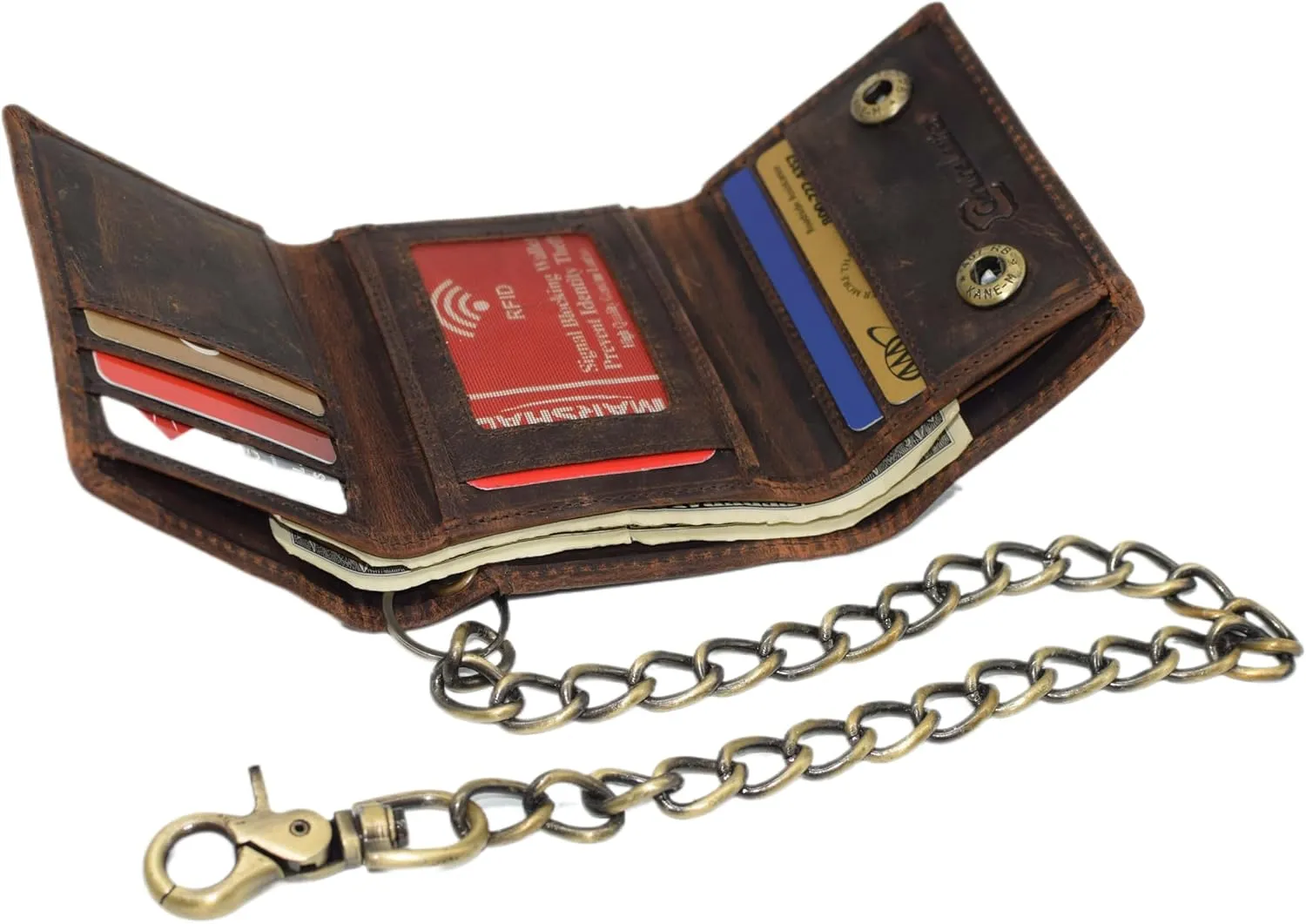 Men's RFID Blocking Trifold Vintage Leather Biker Chain Wallet With Snap Closure