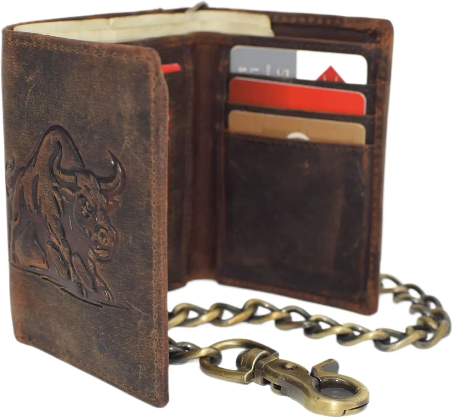 Men's RFID Blocking Trifold Vintage Leather Biker Chain Wallet With Snap Closure