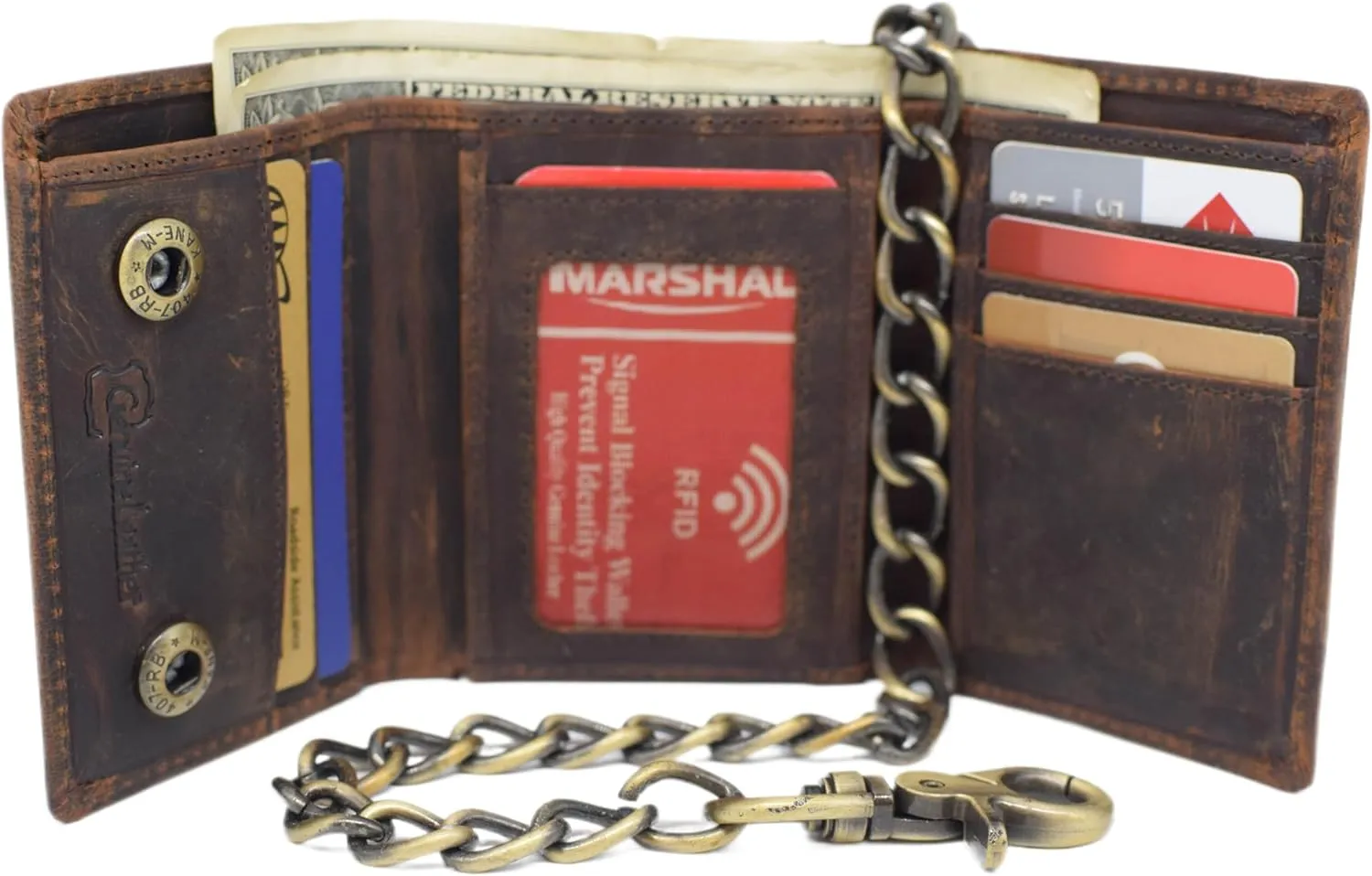 Men's RFID Blocking Trifold Vintage Leather Biker Chain Wallet With Snap Closure