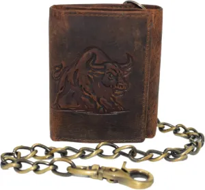 Men's RFID Blocking Trifold Vintage Leather Biker Chain Wallet With Snap Closure