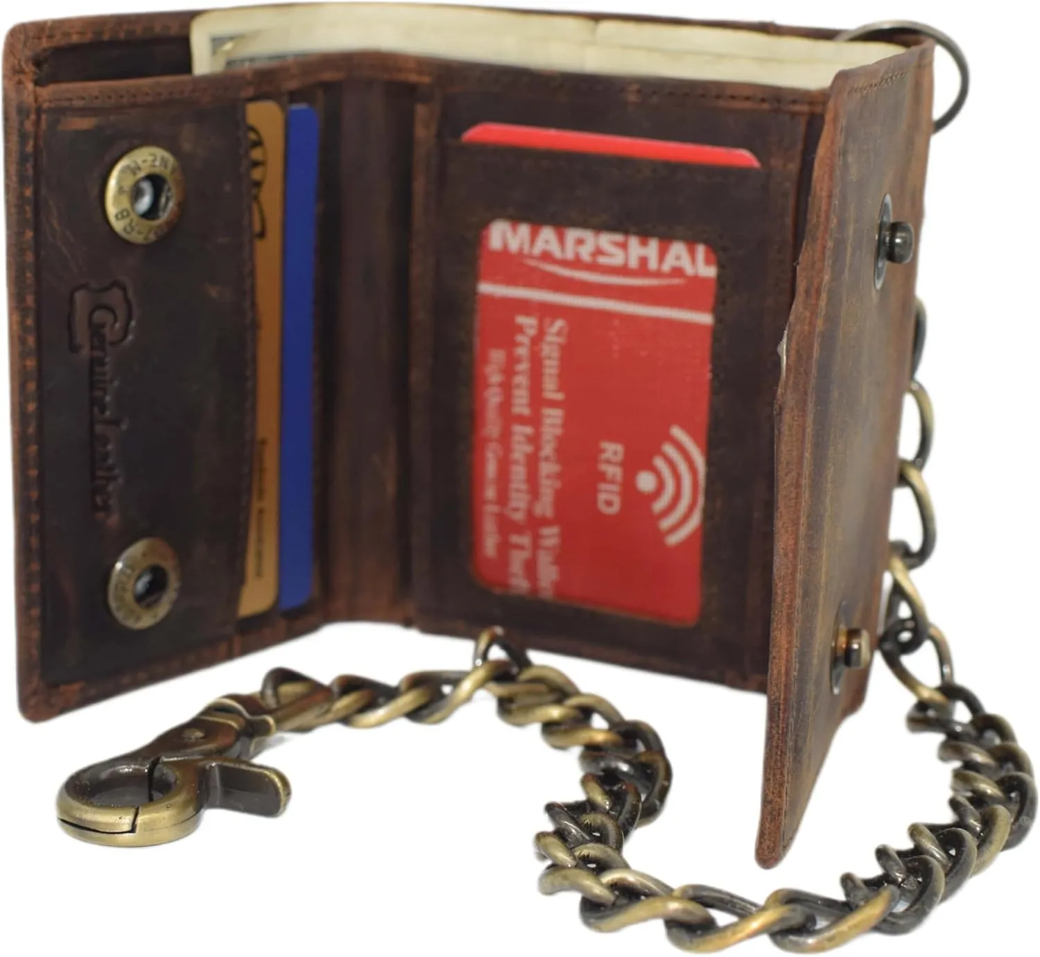 Men's RFID Blocking Trifold Vintage Leather Biker Chain Wallet With Snap Closure