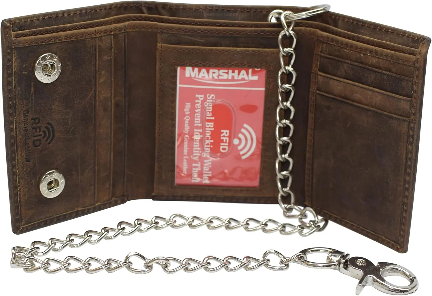 Men's RFID Blocking Trifold Vintage Leather Biker Chain Wallet With Snap Closure