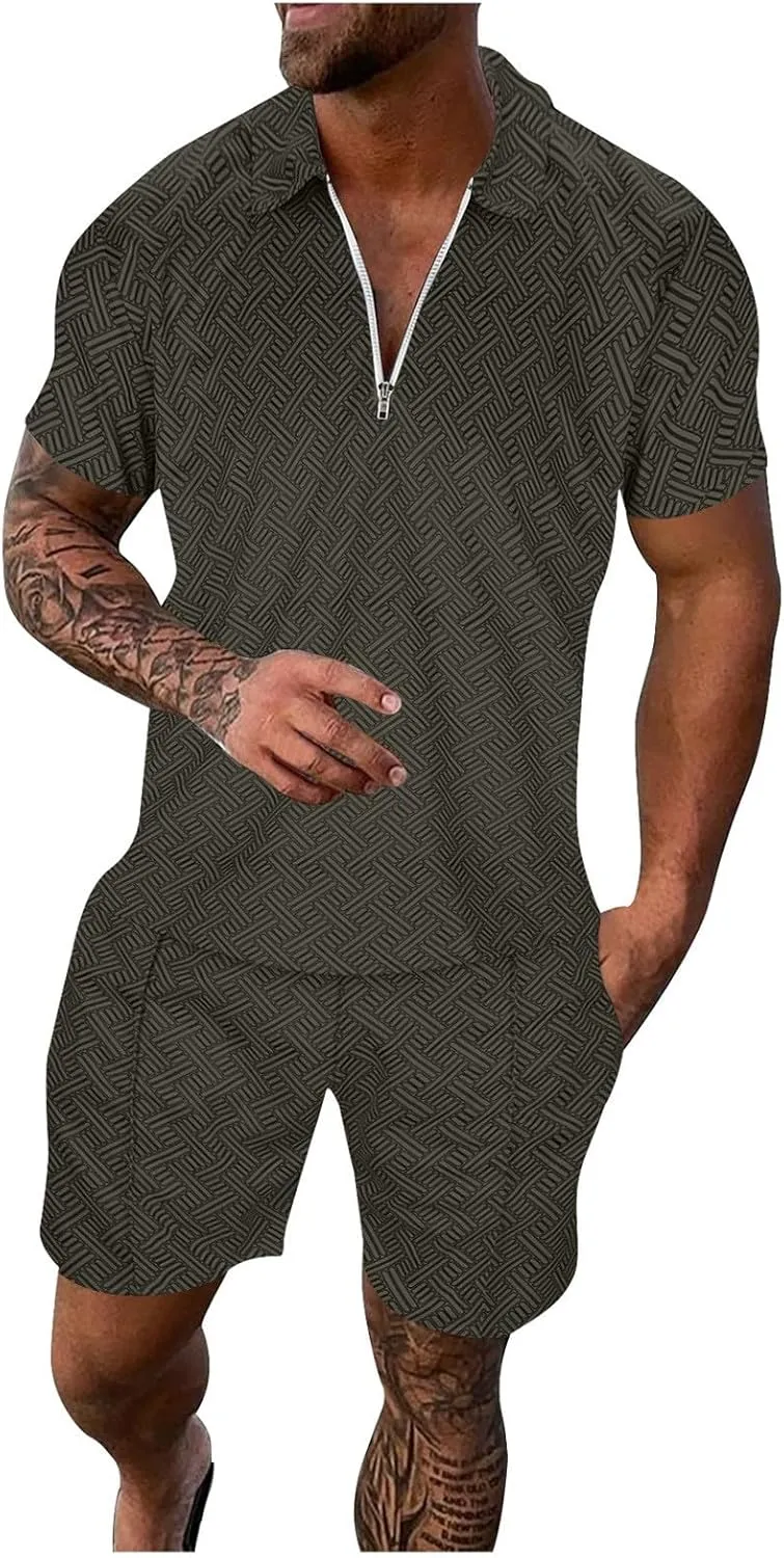 Mens Short Sets Outfits 2 Piece Summer Tracksuit, Men's Short Sleeve Polo Shirt And Short Sets Summer Outfits For Men