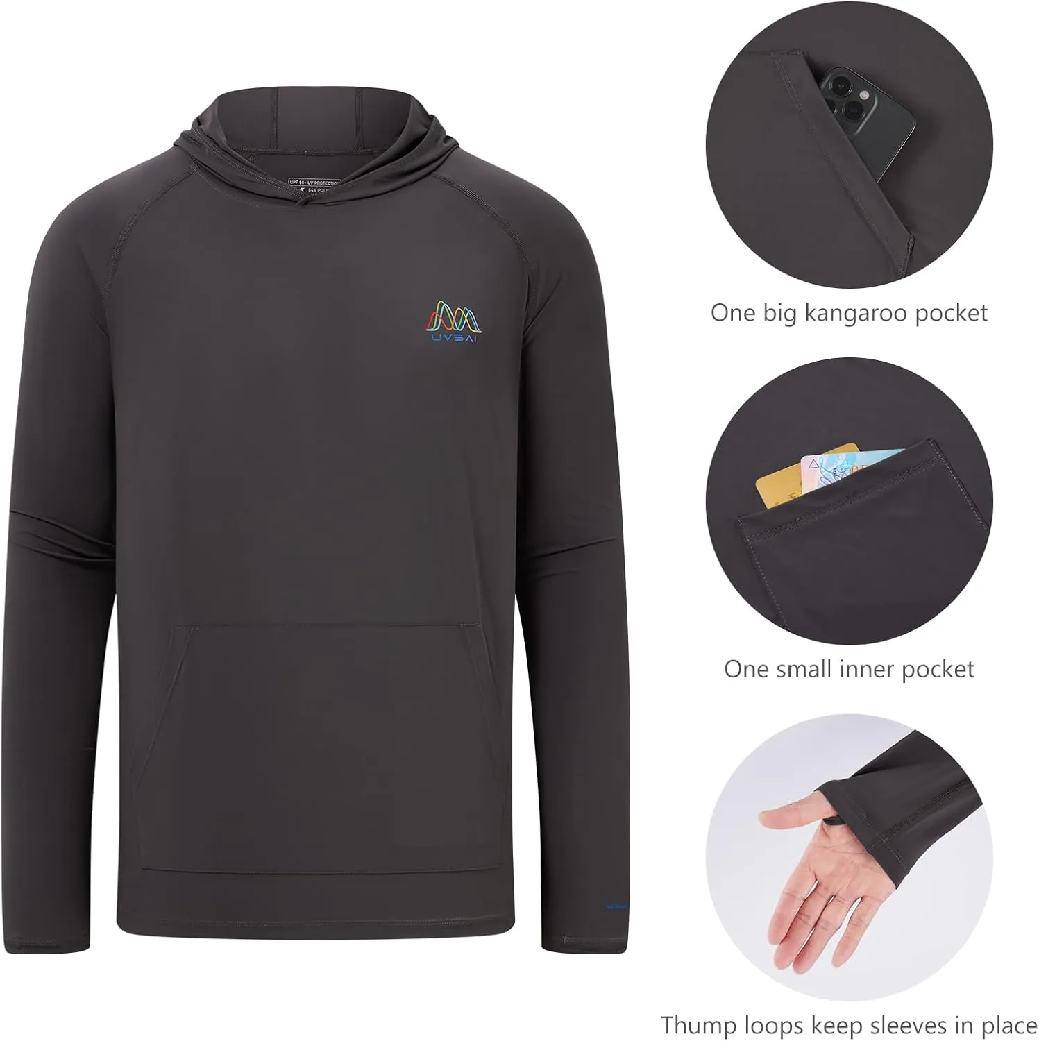 Men’s UPF 50  Hoodie Shirt Long Sleeve Permanent UV Sun Protection Vented Tee Performance for Outdoor Hiking Fishing