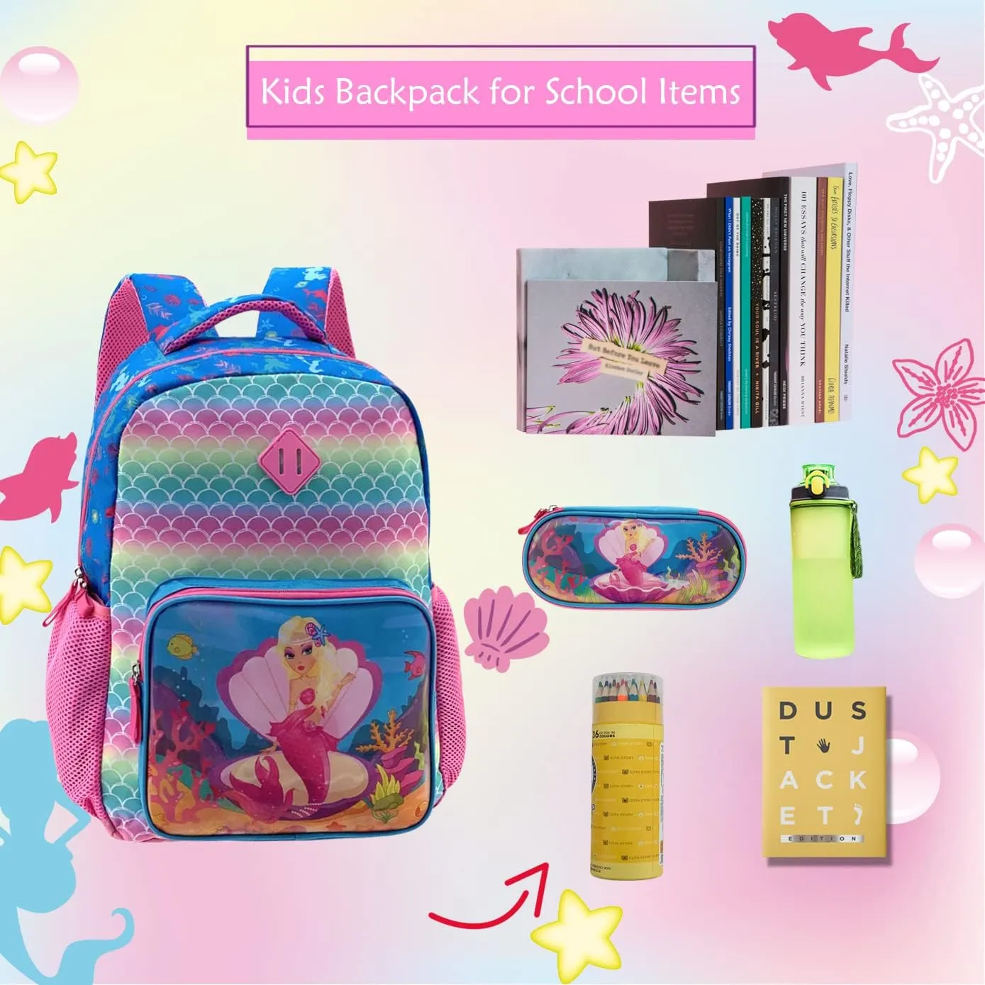 Mermaid Backpack for Girls 4-6 Kids 16 Inch Changeable Pictures With Two Patterns By Hologram Technology for Preschool Early Elementary Kindergarten Bookbag