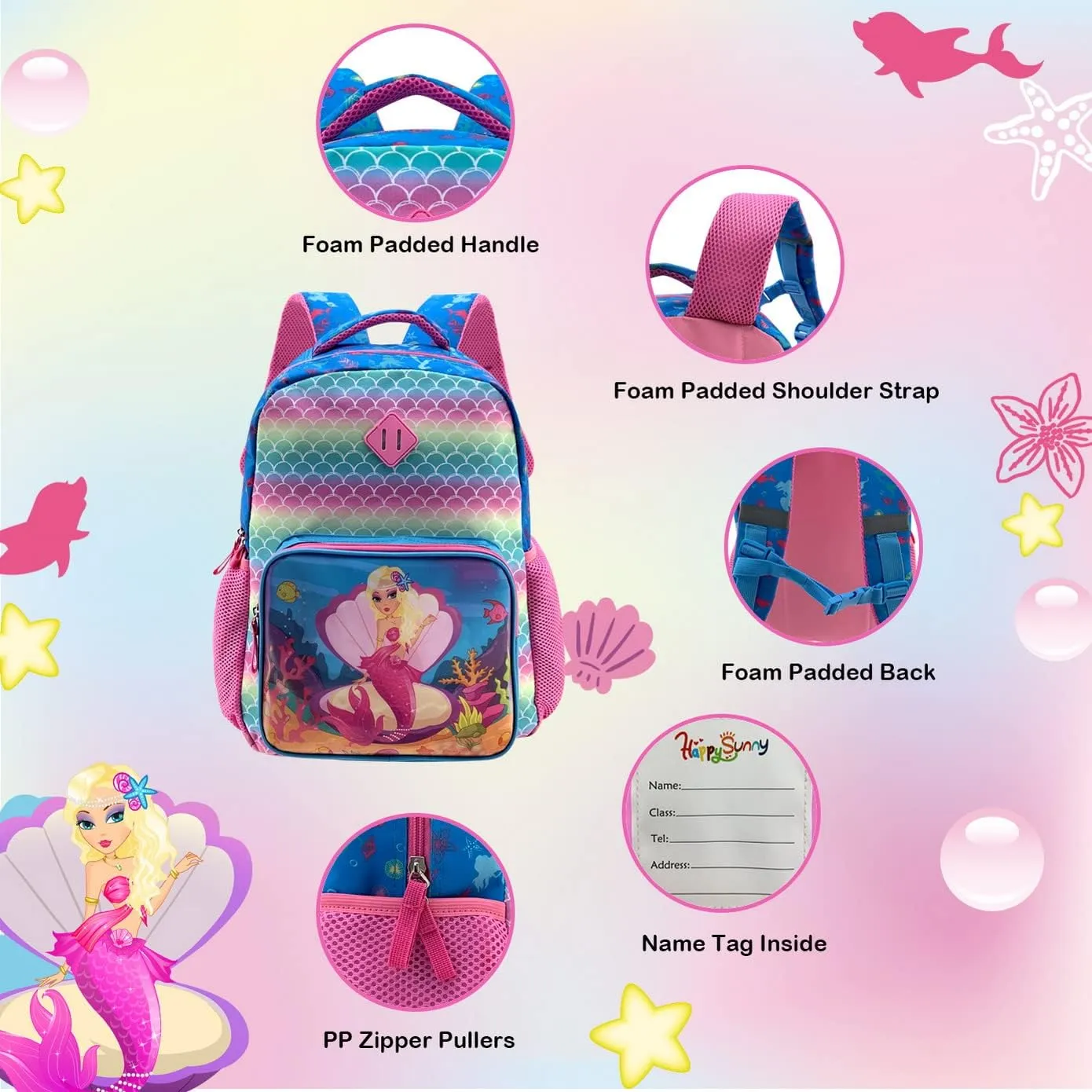 Mermaid Backpack for Girls 4-6 Kids 16 Inch Changeable Pictures With Two Patterns By Hologram Technology for Preschool Early Elementary Kindergarten Bookbag