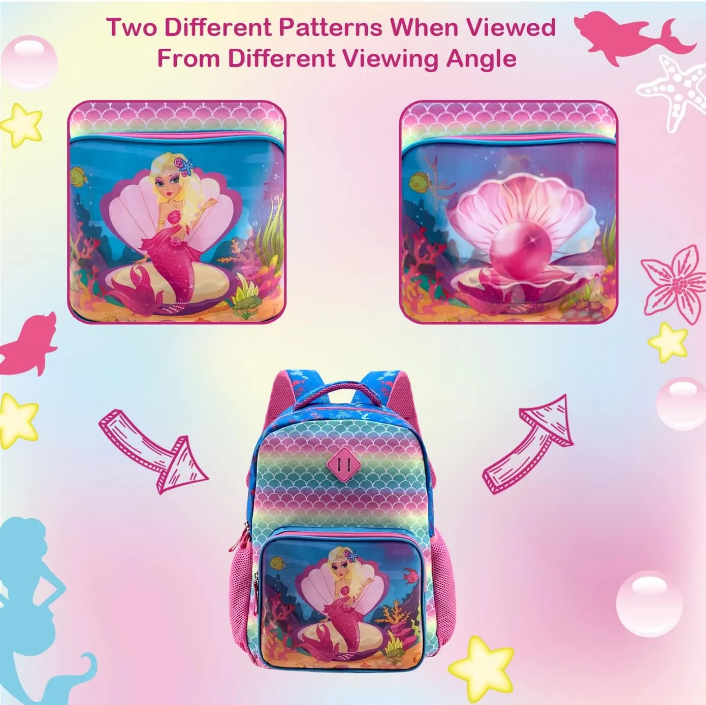 Mermaid Backpack for Girls 4-6 Kids 16 Inch Changeable Pictures With Two Patterns By Hologram Technology for Preschool Early Elementary Kindergarten Bookbag