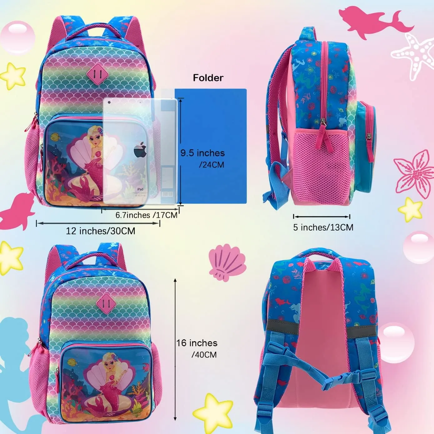 Mermaid Backpack for Girls 4-6 Kids 16 Inch Changeable Pictures With Two Patterns By Hologram Technology for Preschool Early Elementary Kindergarten Bookbag