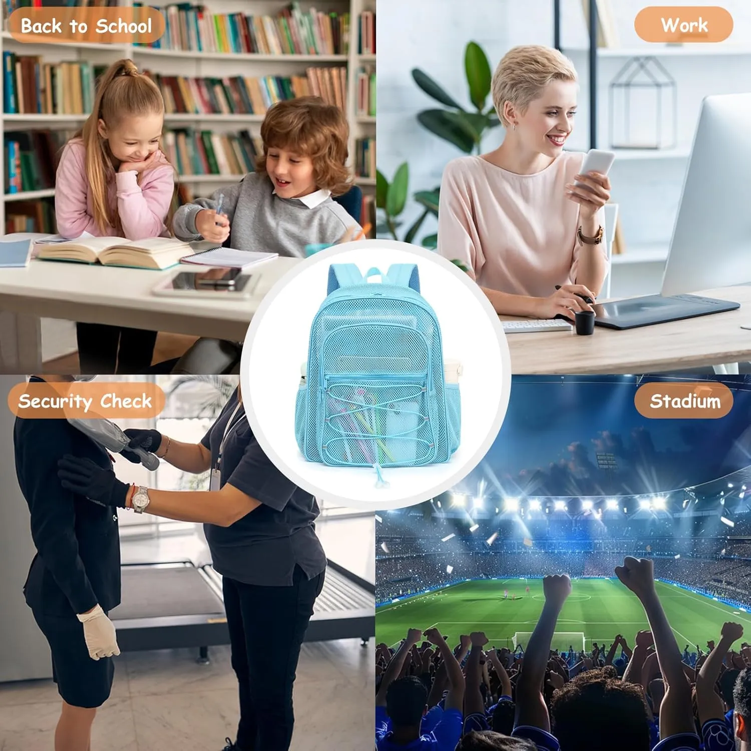 Mesh School Backpack for Girls Boys Women Men, Heavy Duty See Through College Bookbag School Bag (Sky Blue)