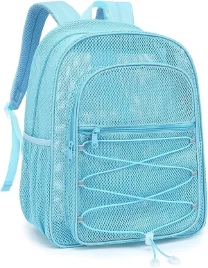 Mesh School Backpack for Girls Boys Women Men, Heavy Duty See Through College Bookbag School Bag (Sky Blue)