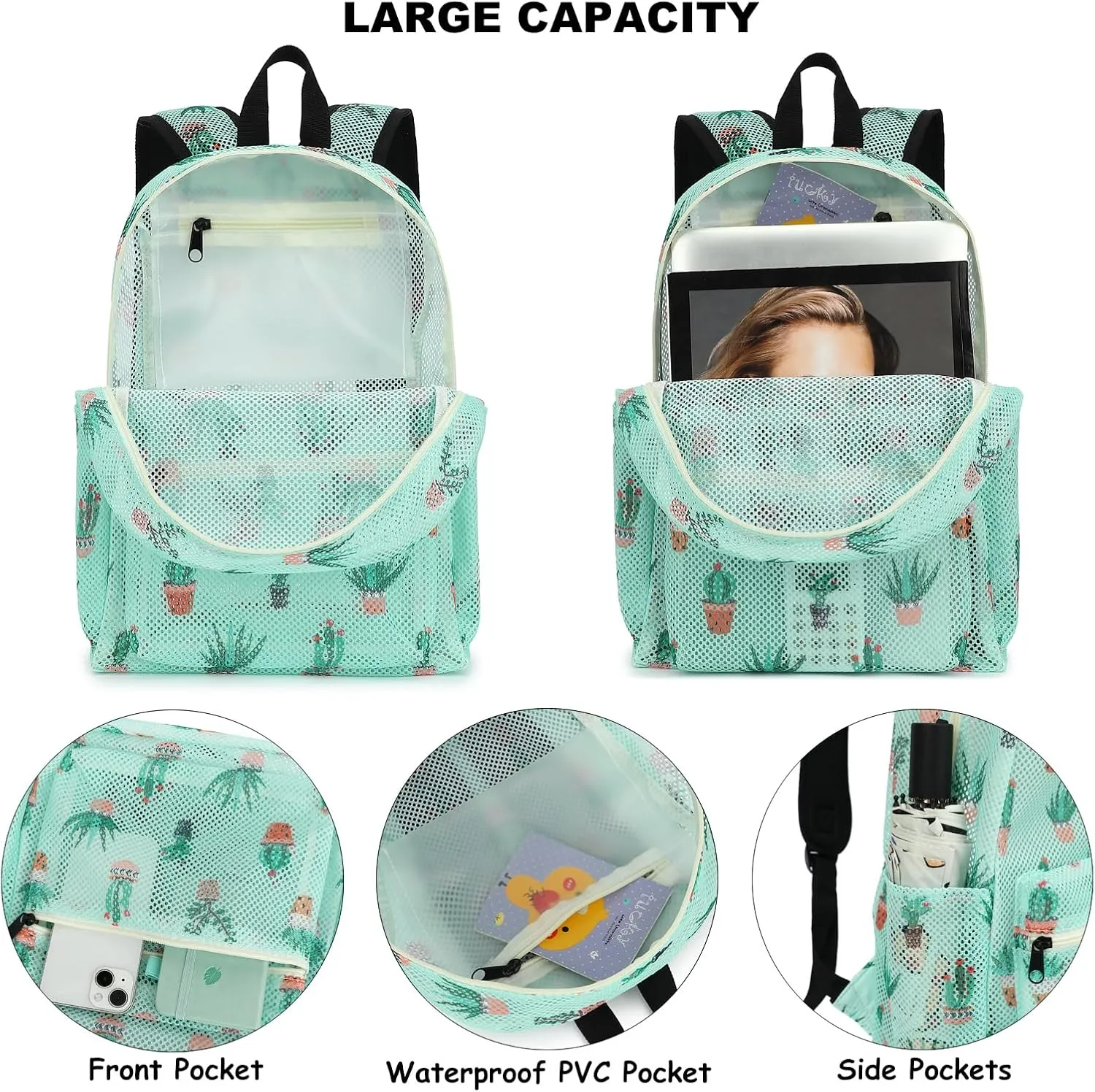 Mesh School Backpack for Girls Women, Heavy Duty See Through College Bookbag School Bag with Storage Bag (Cactus)
