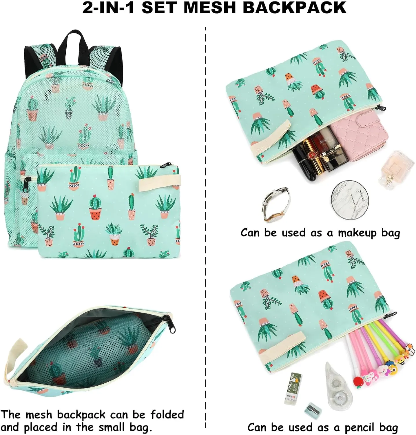 Mesh School Backpack for Girls Women, Heavy Duty See Through College Bookbag School Bag with Storage Bag (Cactus)