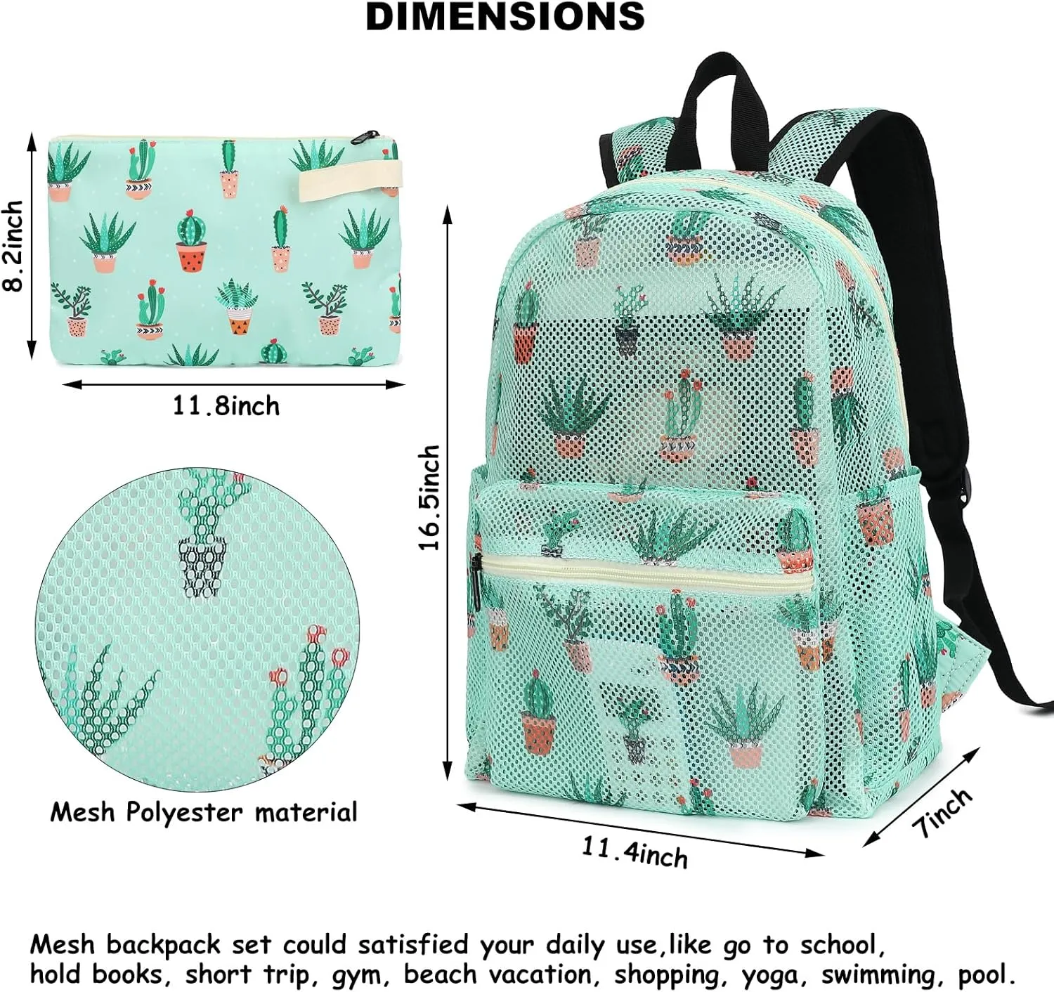 Mesh School Backpack for Girls Women, Heavy Duty See Through College Bookbag School Bag with Storage Bag (Cactus)