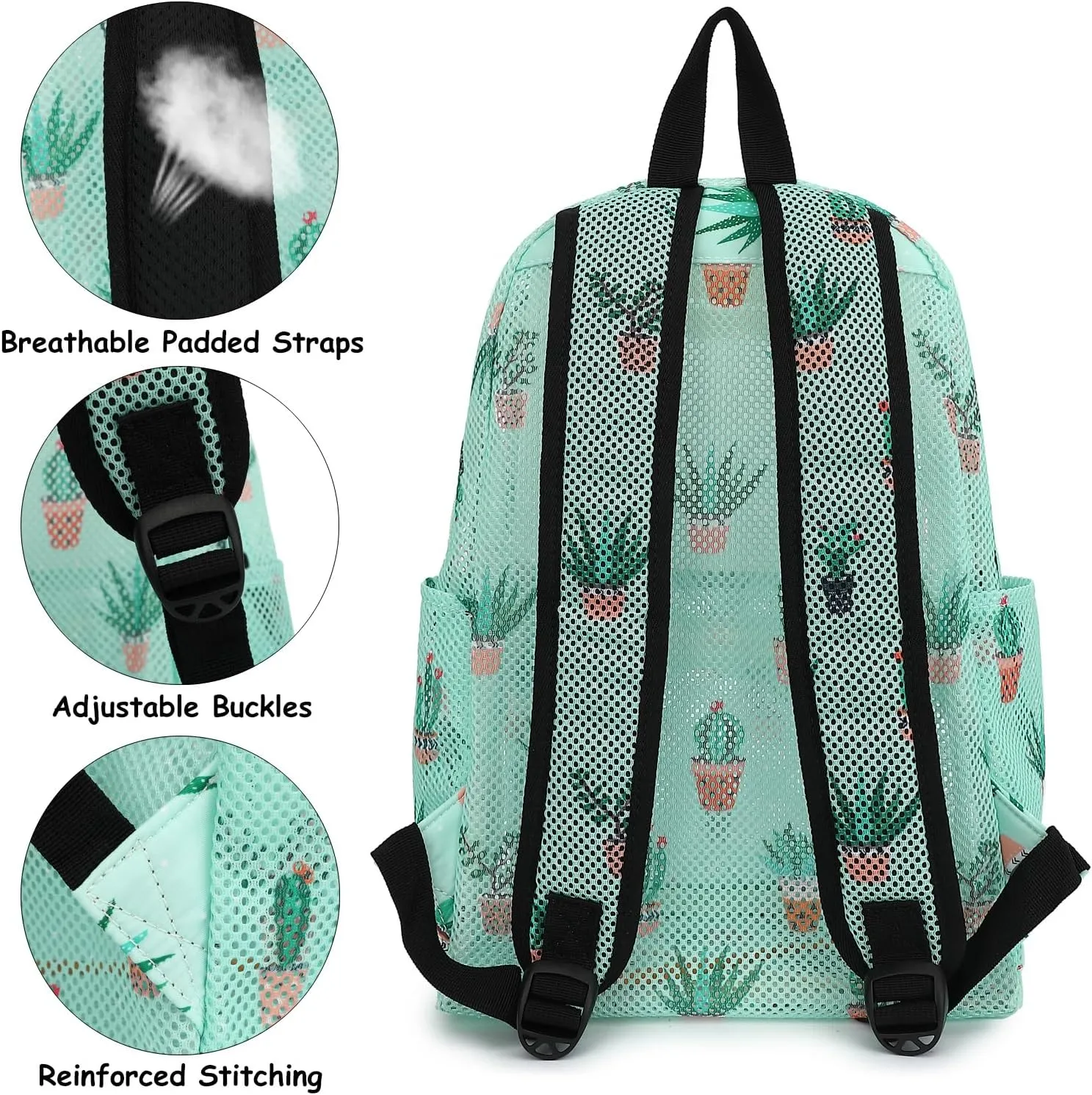 Mesh School Backpack for Girls Women, Heavy Duty See Through College Bookbag School Bag with Storage Bag (Cactus)