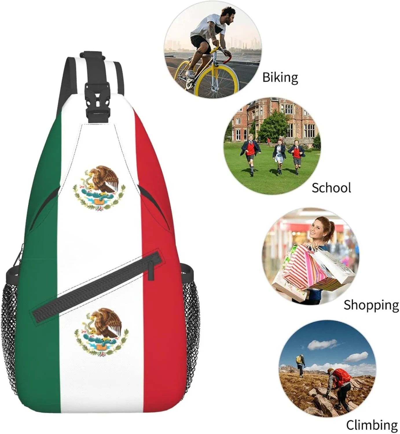 Mexican Flag Hiking Daypacks Cross-body Sling Backpack for Men Women Outdoor Cycling Hiking Travel