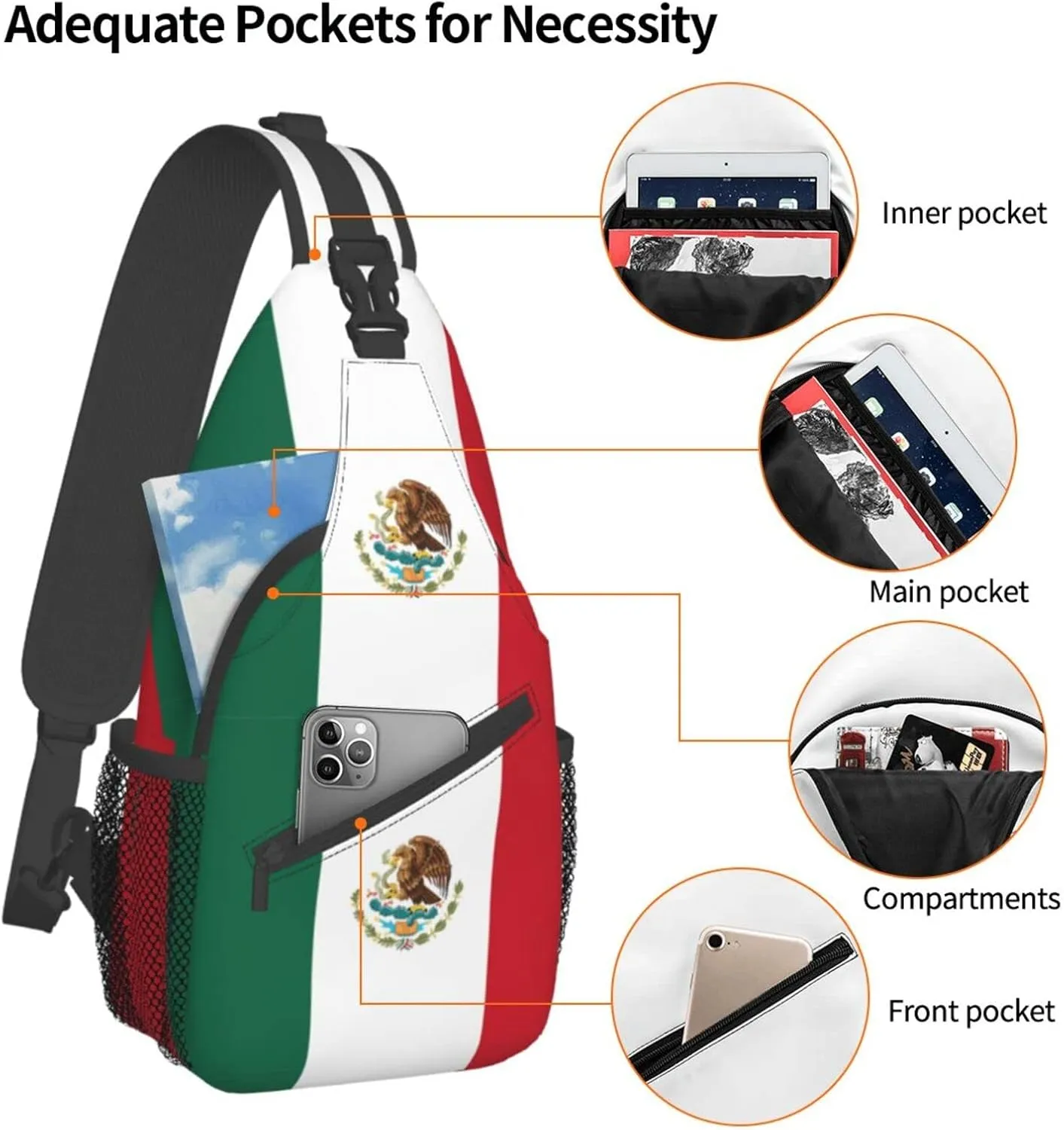 Mexican Flag Hiking Daypacks Cross-body Sling Backpack for Men Women Outdoor Cycling Hiking Travel