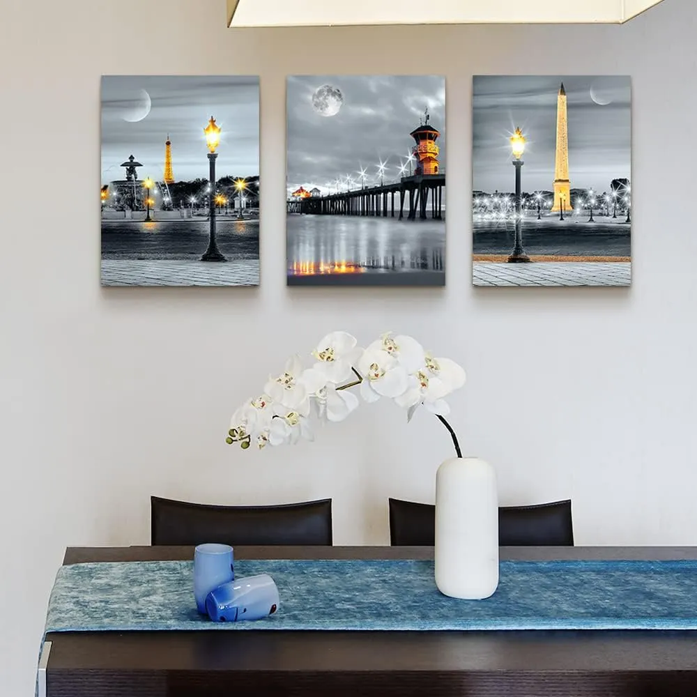 MHARTK66 Family Bedroom Wall Decor Canvas Wall Art for Living Room Modern Wall Decorations for Bathroom Night View Paintings Kitchen Canvas Art Hang Pictures Artwork Home Decoration 3 Pieces
