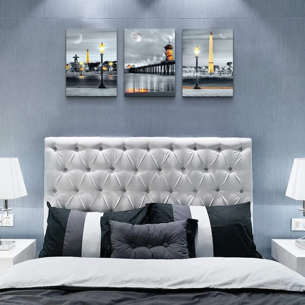 MHARTK66 Family Bedroom Wall Decor Canvas Wall Art for Living Room Modern Wall Decorations for Bathroom Night View Paintings Kitchen Canvas Art Hang Pictures Artwork Home Decoration 3 Pieces