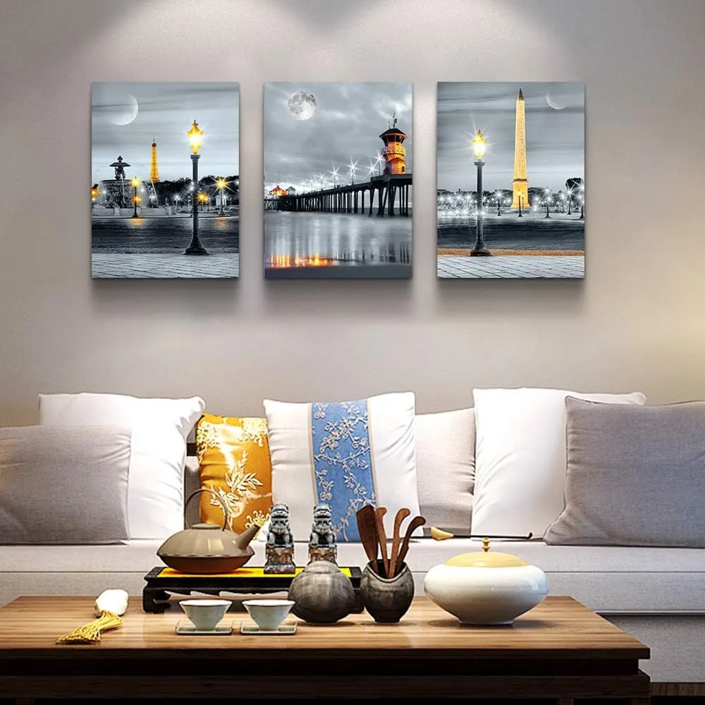 MHARTK66 Family Bedroom Wall Decor Canvas Wall Art for Living Room Modern Wall Decorations for Bathroom Night View Paintings Kitchen Canvas Art Hang Pictures Artwork Home Decoration 3 Pieces