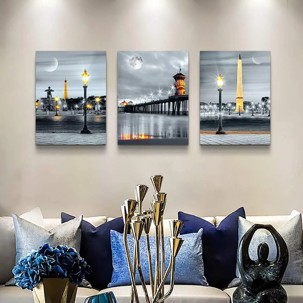 MHARTK66 Family Bedroom Wall Decor Canvas Wall Art for Living Room Modern Wall Decorations for Bathroom Night View Paintings Kitchen Canvas Art Hang Pictures Artwork Home Decoration 3 Pieces