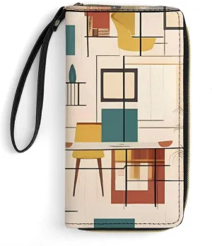 Mid Century Modern Leather Wallet Smooth Zip Around Clutch Wristlet Travel Long Soft Purse for Women