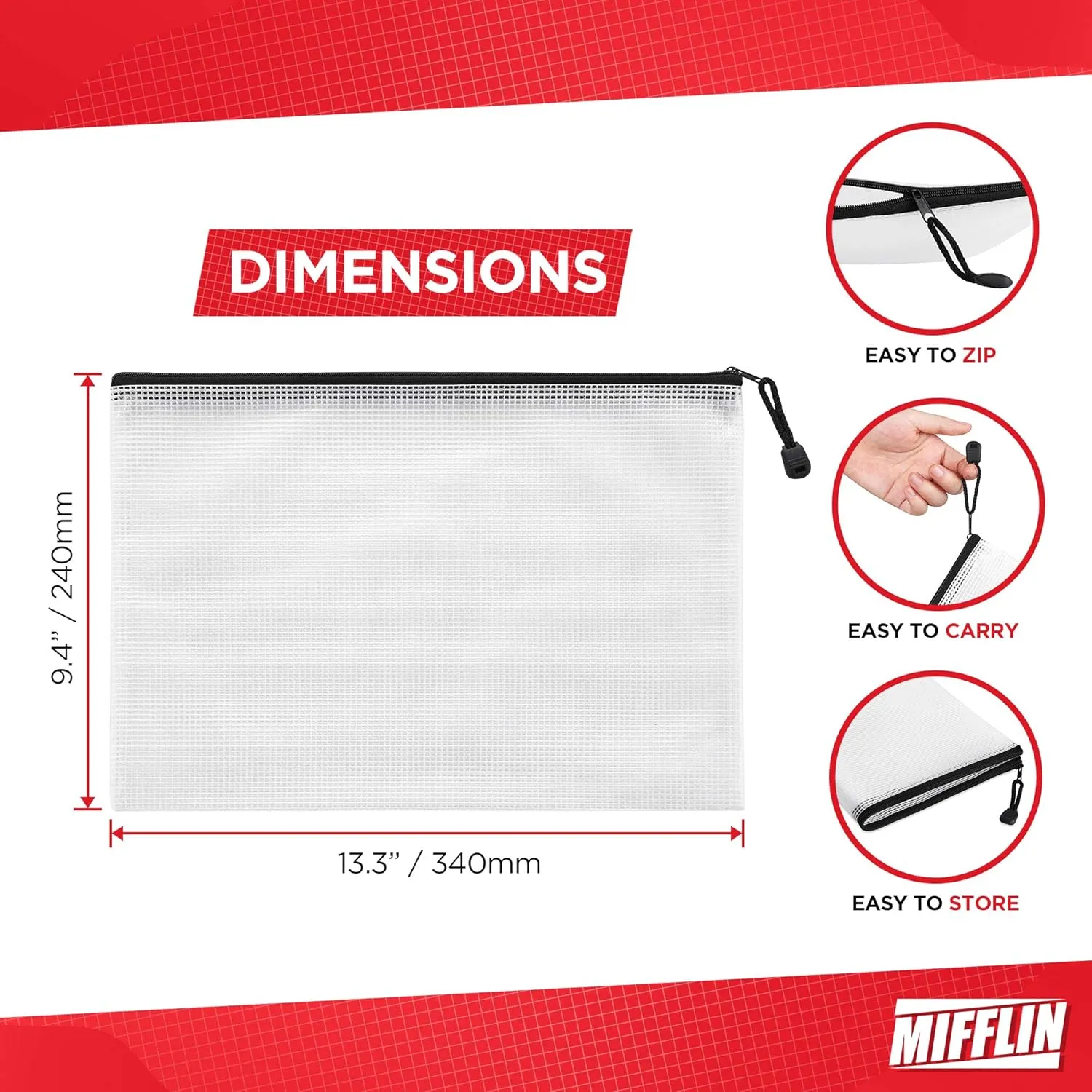 Mifflin-USA - Mesh Zipper Pouch Document Bag - Black, A4 Letter Size, 50 Pack - Clear Travel Zipper Bags - Waterproof Plastic Pouches - Large (L) Zip Pouch