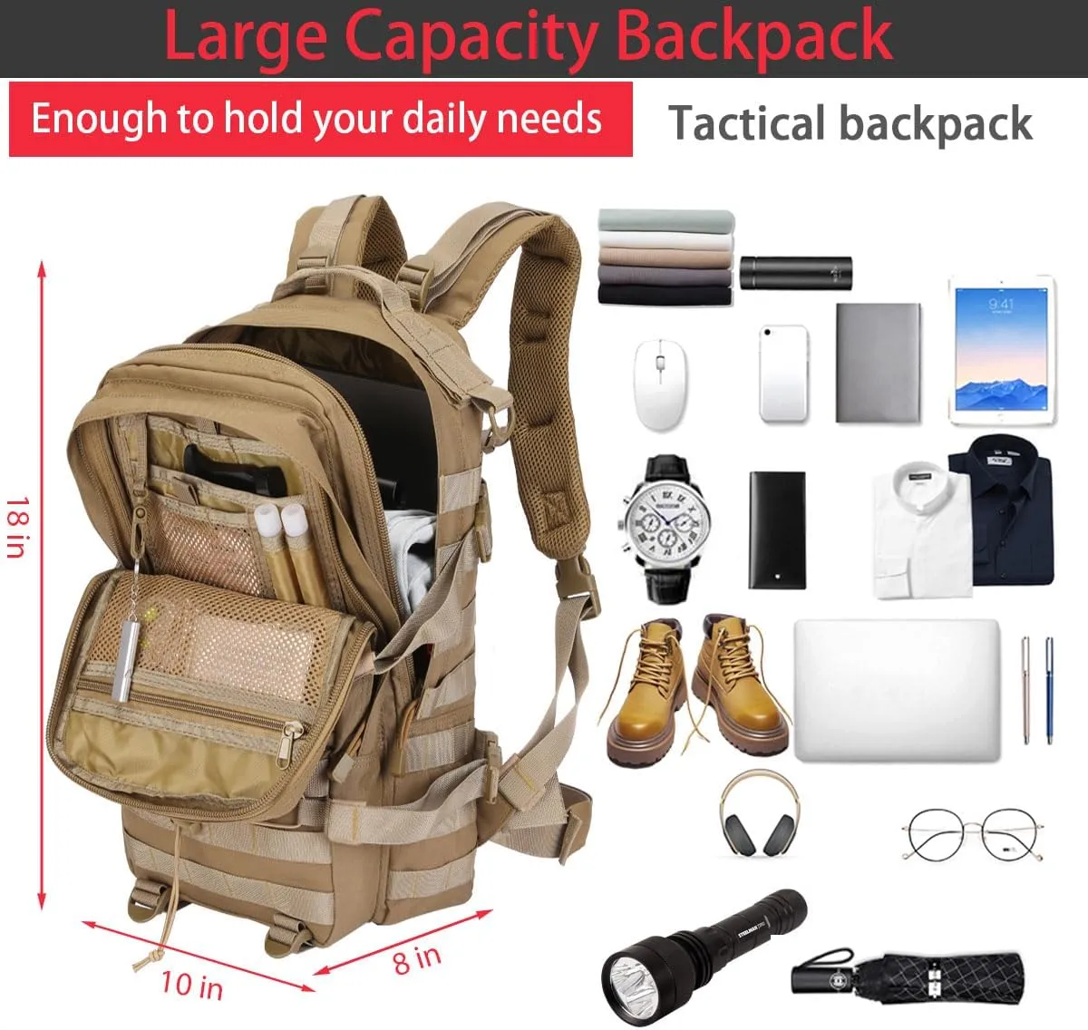 Military Tactical Backpack Waterproof 40L Large Army 3 Day Bug Out Bag Assault Pack Molle Rucksack and Tactical Gear Bag