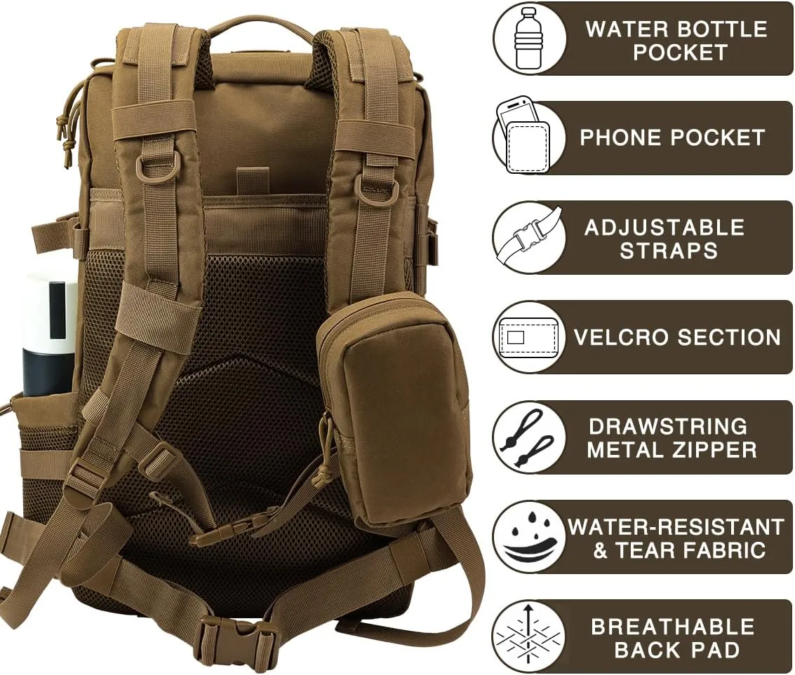 Military Tactical Backpack,Sturdy Work & Molle Laptops Rucksack,Army Pack for Hiking Camping Travel Fishing Gym,Khaki