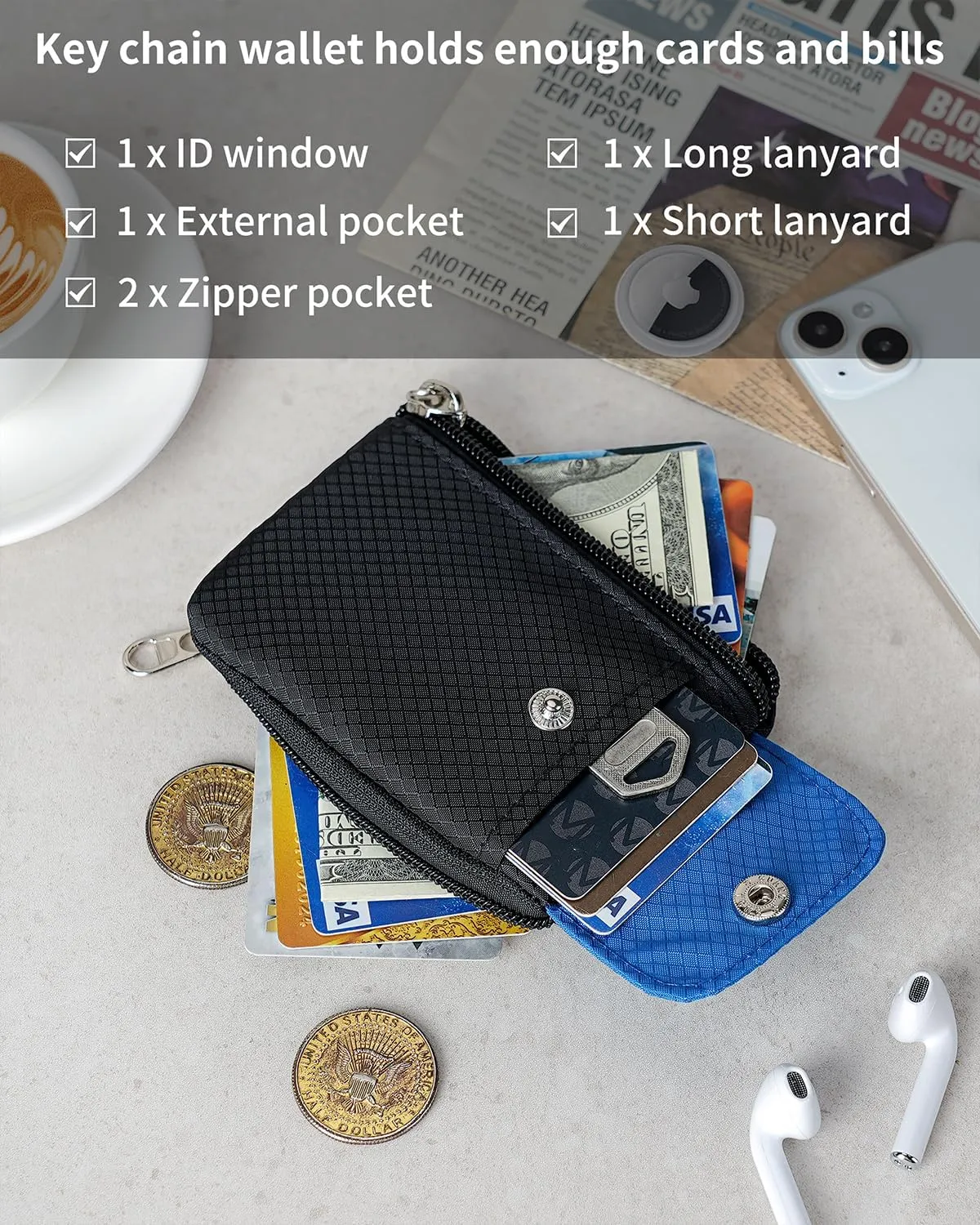 Minimalist Wallet For Mens Womens, Keychain RFID Blocking Zipper Small Wallet with ID Window 2 Lanyards,Water Resistant Travel Cash Card Coin Case Boys Girls