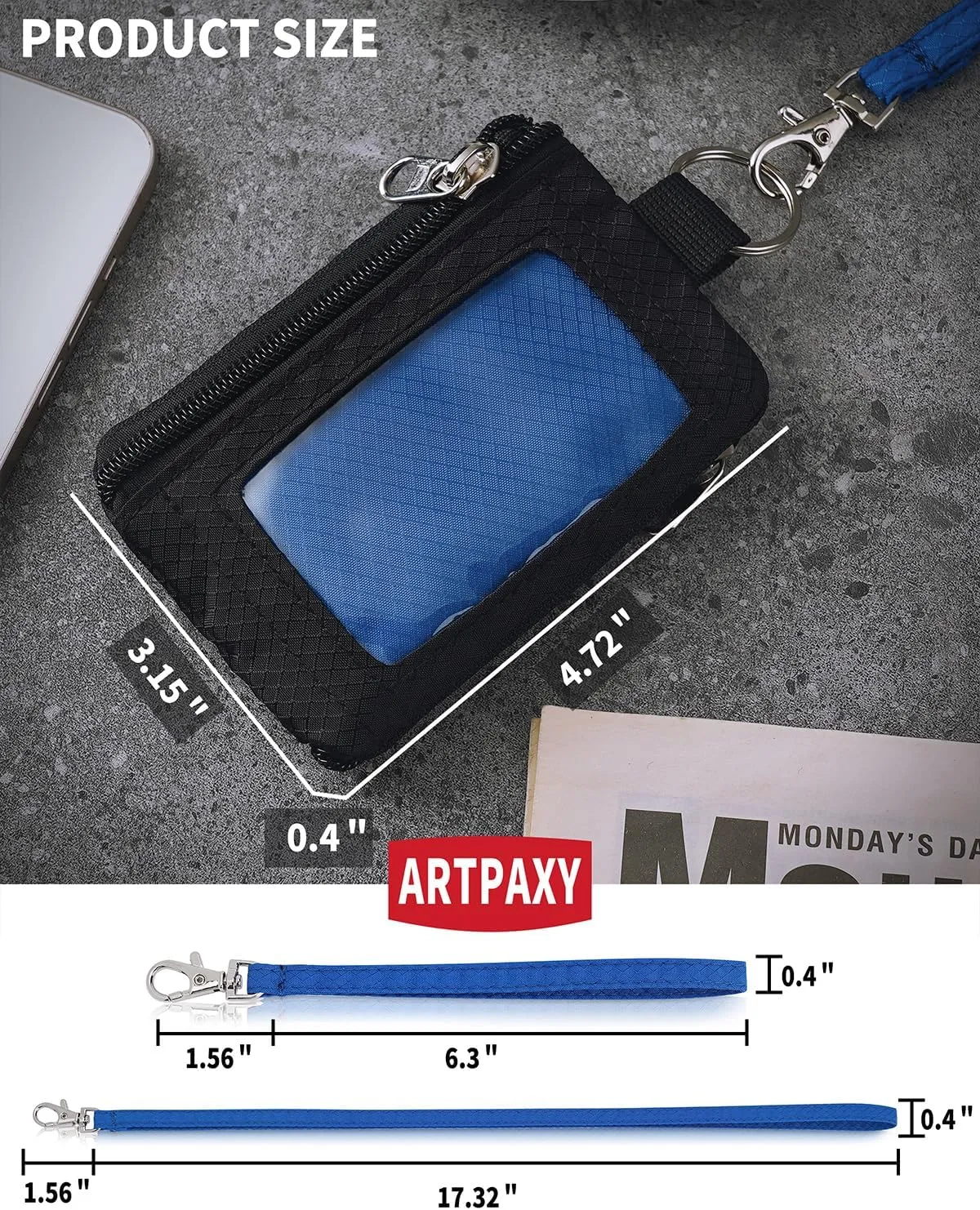 Minimalist Wallet For Mens Womens, Keychain RFID Blocking Zipper Small Wallet with ID Window 2 Lanyards,Water Resistant Travel Cash Card Coin Case Boys Girls