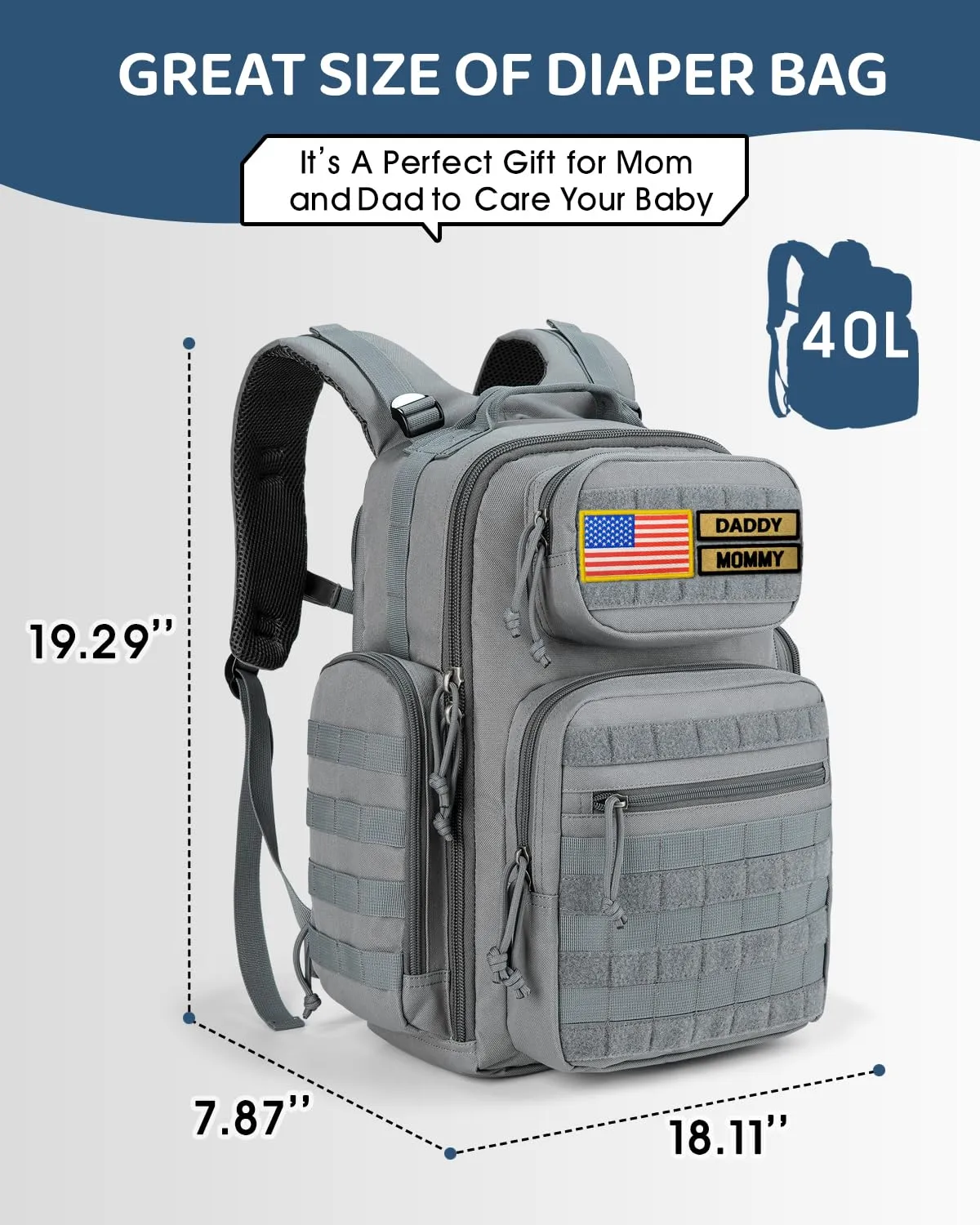 MIRACOL Military Diaper Bag for Dad - Insulated Baby Backpack with Patches for Outdoor Travel Trips - Daddy Diaper Backpack for Baby Shower Gifts Grey
