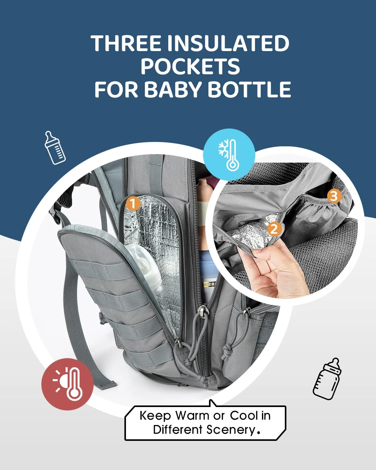 MIRACOL Military Diaper Bag for Dad - Insulated Baby Backpack with Patches for Outdoor Travel Trips - Daddy Diaper Backpack for Baby Shower Gifts Grey
