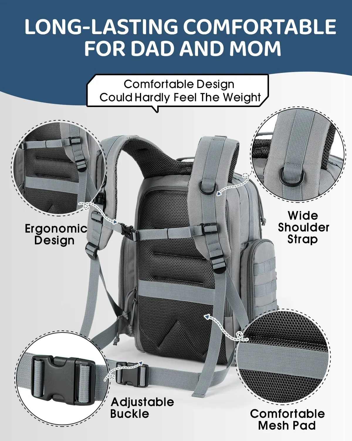 MIRACOL Military Diaper Bag for Dad - Insulated Baby Backpack with Patches for Outdoor Travel Trips - Daddy Diaper Backpack for Baby Shower Gifts Grey