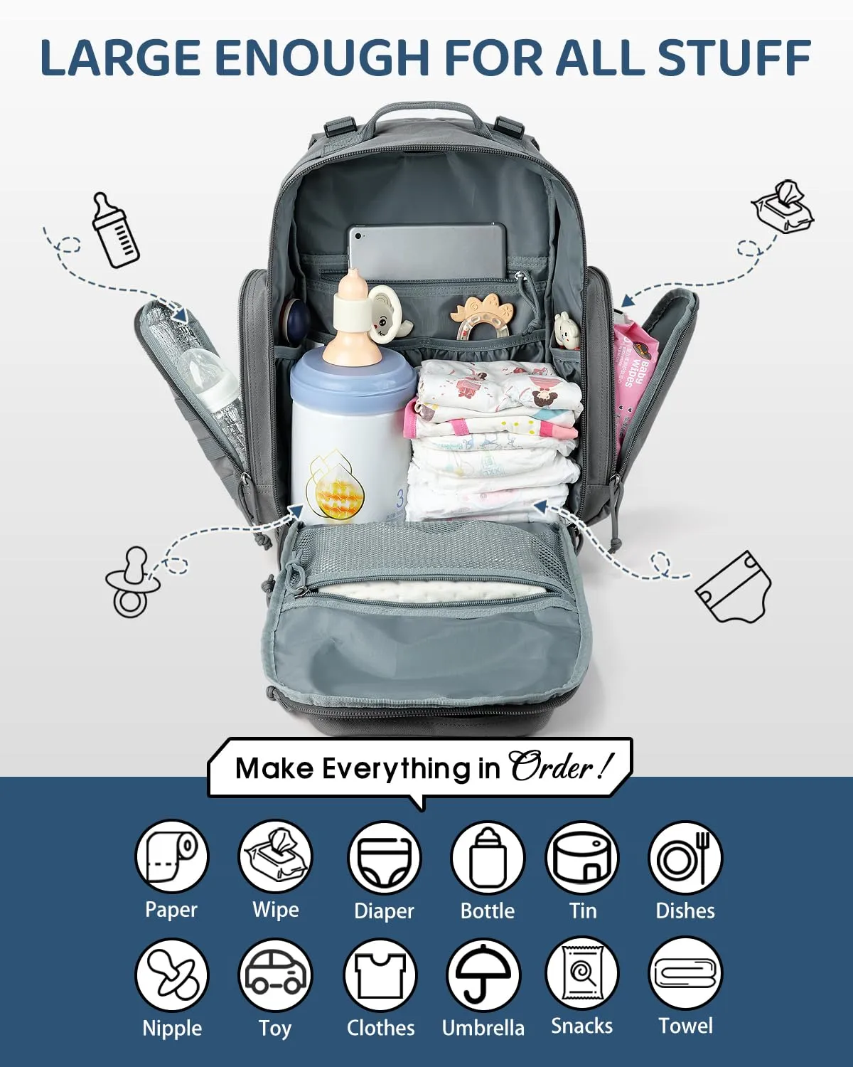 MIRACOL Military Diaper Bag for Dad - Insulated Baby Backpack with Patches for Outdoor Travel Trips - Daddy Diaper Backpack for Baby Shower Gifts Grey