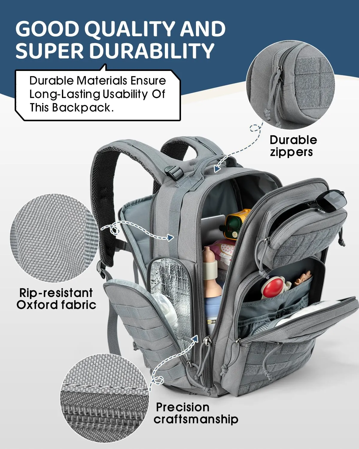 MIRACOL Military Diaper Bag for Dad - Insulated Baby Backpack with Patches for Outdoor Travel Trips - Daddy Diaper Backpack for Baby Shower Gifts Grey