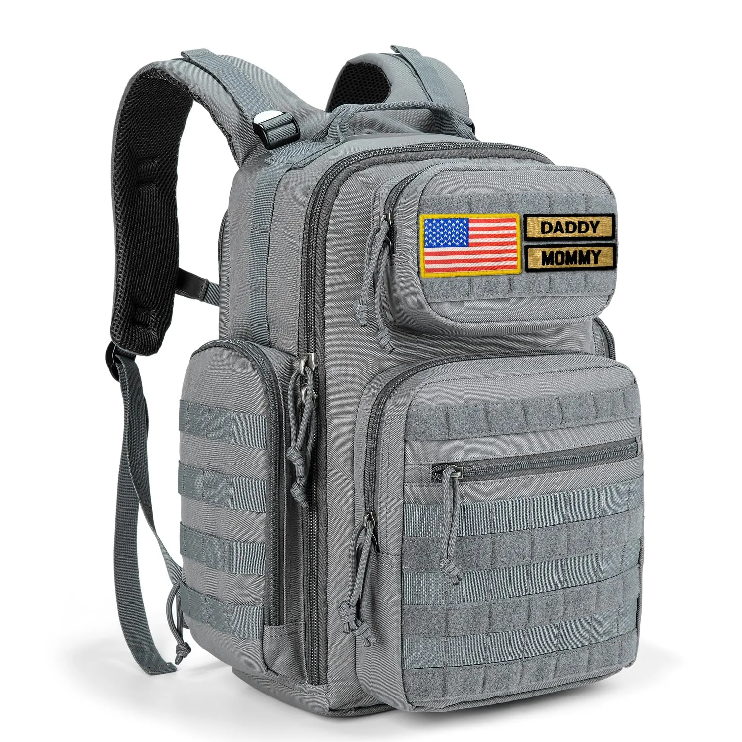 MIRACOL Military Diaper Bag for Dad - Insulated Baby Backpack with Patches for Outdoor Travel Trips - Daddy Diaper Backpack for Baby Shower Gifts Grey
