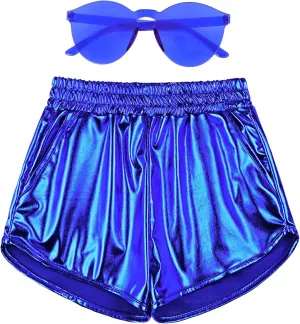Mirawise Girls Metallic Shorts Shiny Hot Pants Sparkly Dance Outfits Short Pants with Sunglasses