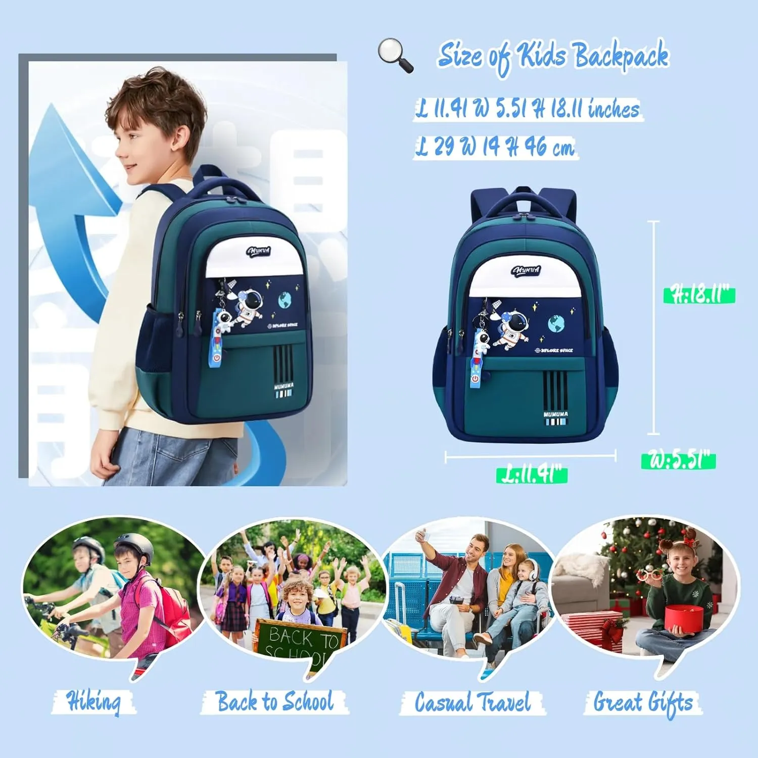 MITOWERMI Astronaut-space Backpack for Boys-Girls Elementary Middle School Bookbag Backpack for Girls Kids Lightweight Back Pack Blue-green