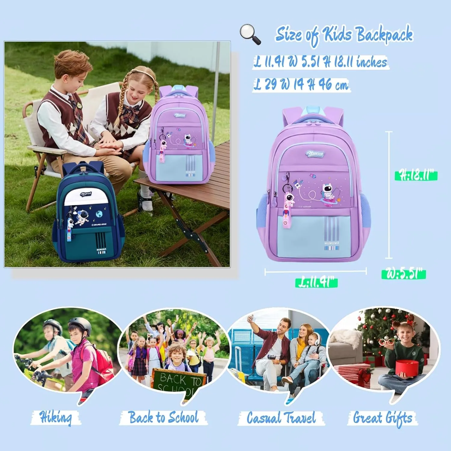 MITOWERMI Astronaut-space Kids Backpack for Girls Elementary Middle School Backpack Book Bags for Girls Lightweight Back Pack Purple