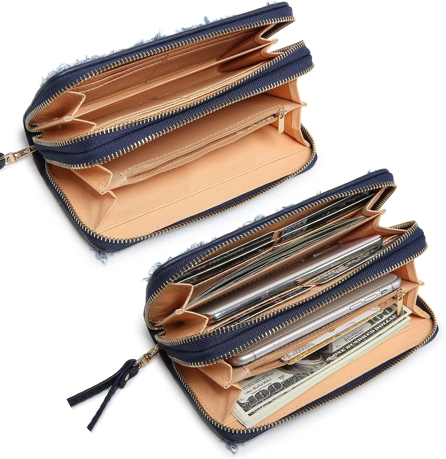 MKP COLLECTION Womens Fashion Double Zip Around Wallet Long Purse Credit Card Holder Bifold Ladies Cluth Wristlet Wrist Strap