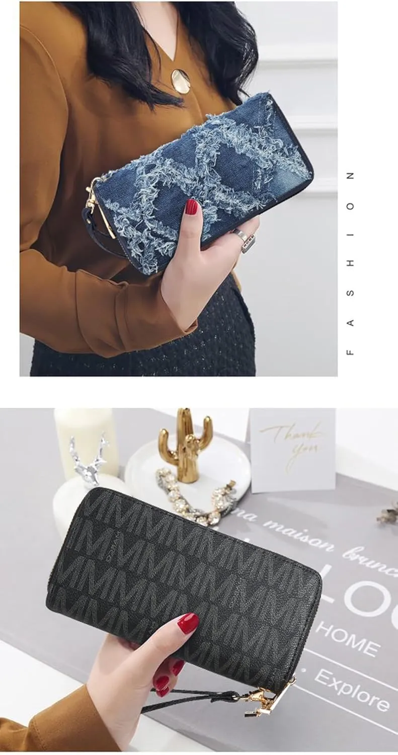 MKP COLLECTION Womens Fashion Double Zip Around Wallet Long Purse Credit Card Holder Bifold Ladies Cluth Wristlet Wrist Strap